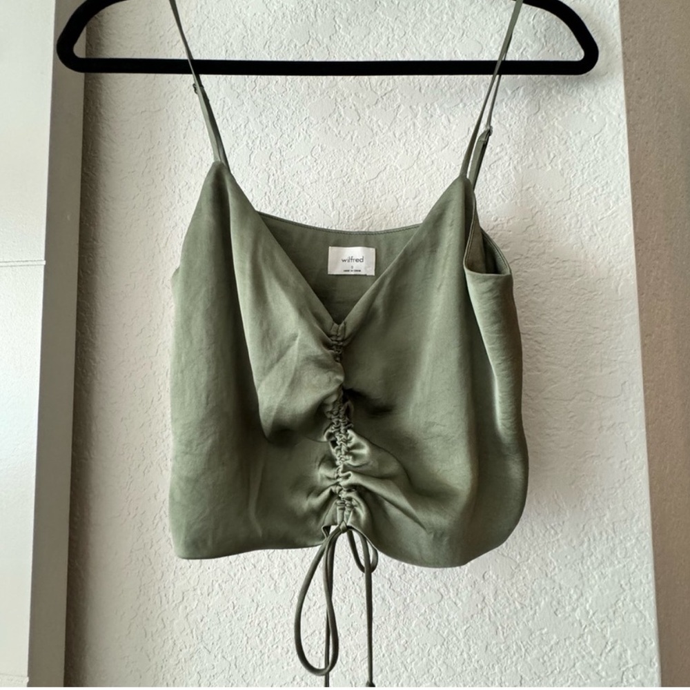Aritzia Olive Green Ruched Satin Cami Top